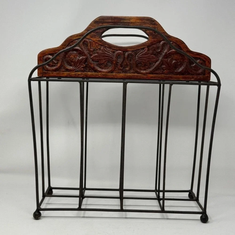 Vintage Carved Wood and Metal Wire Magazine Rack‎ Scrollwork Handle Brown